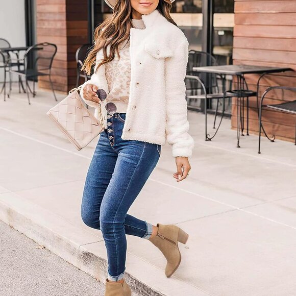 Women's Ankle Boots Heel: Chunky Low Heeled Almond Toe Short Booties with Zipper - Picture 3 of 6